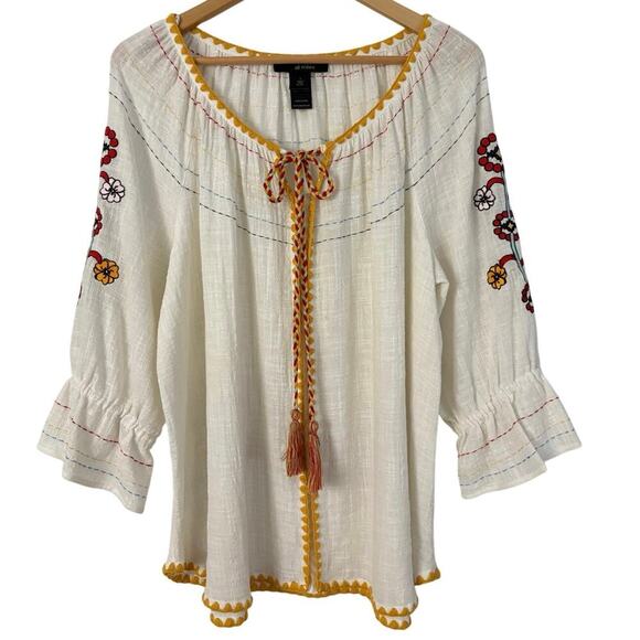 Ali Miles Tops - Ali Miles Boho Peasant Top Size L White Embroidered Floral Tassel Tunic Blouse